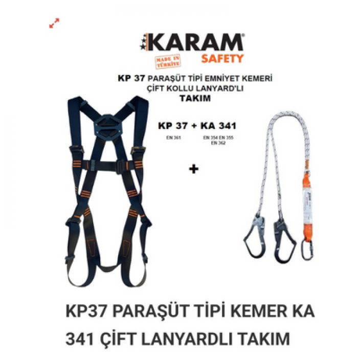 Karam KP37 Paraşüt Tipi Emniyet Kemeri Çift Kollu Lanyardlı Takım Karam KP37 Paraşüt Tipi Emniyet Kemeri Çift Kollu Lanyardlı Takım